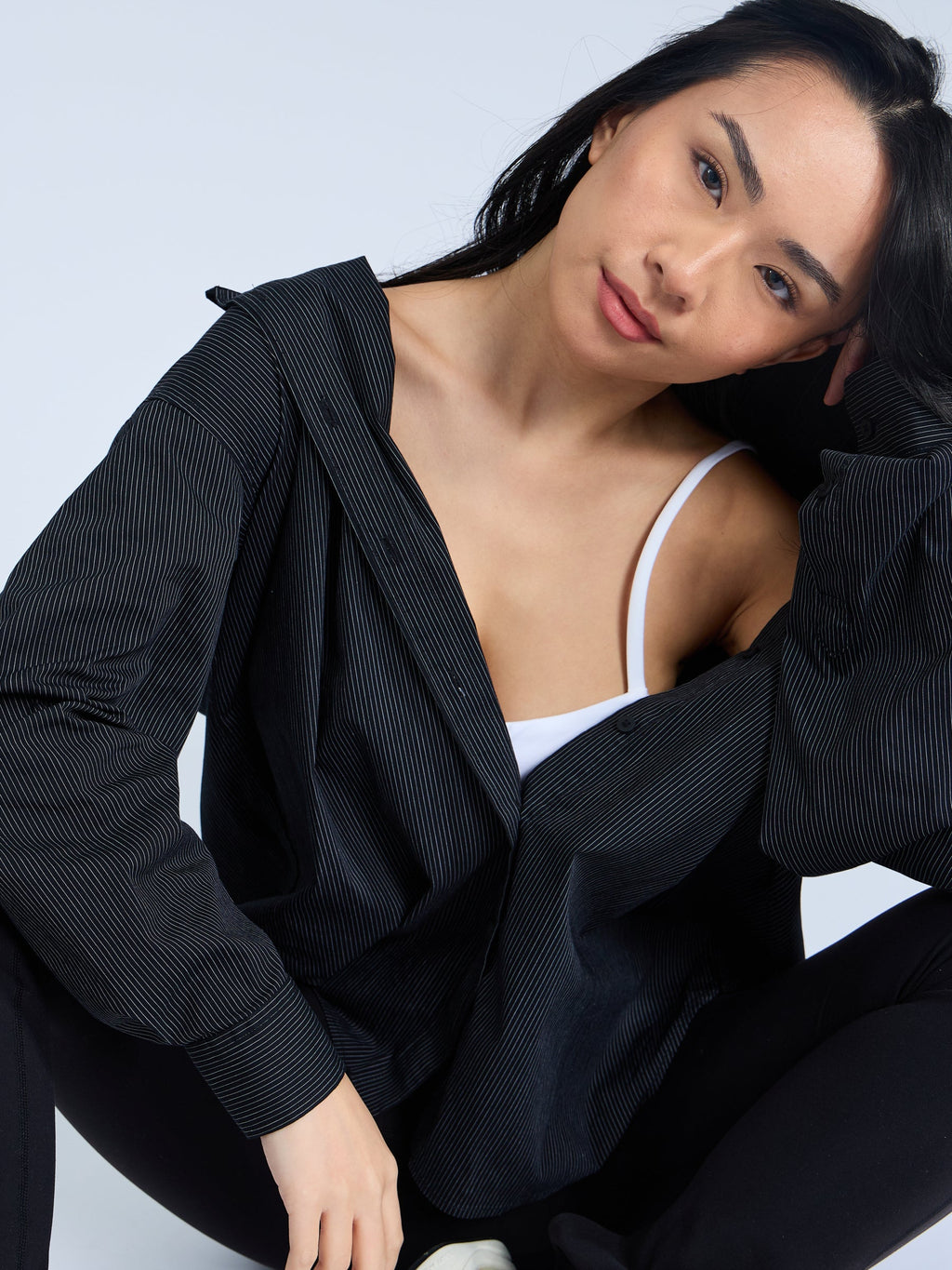 Boyfriend Button Up Shirt - Black Pinstripe