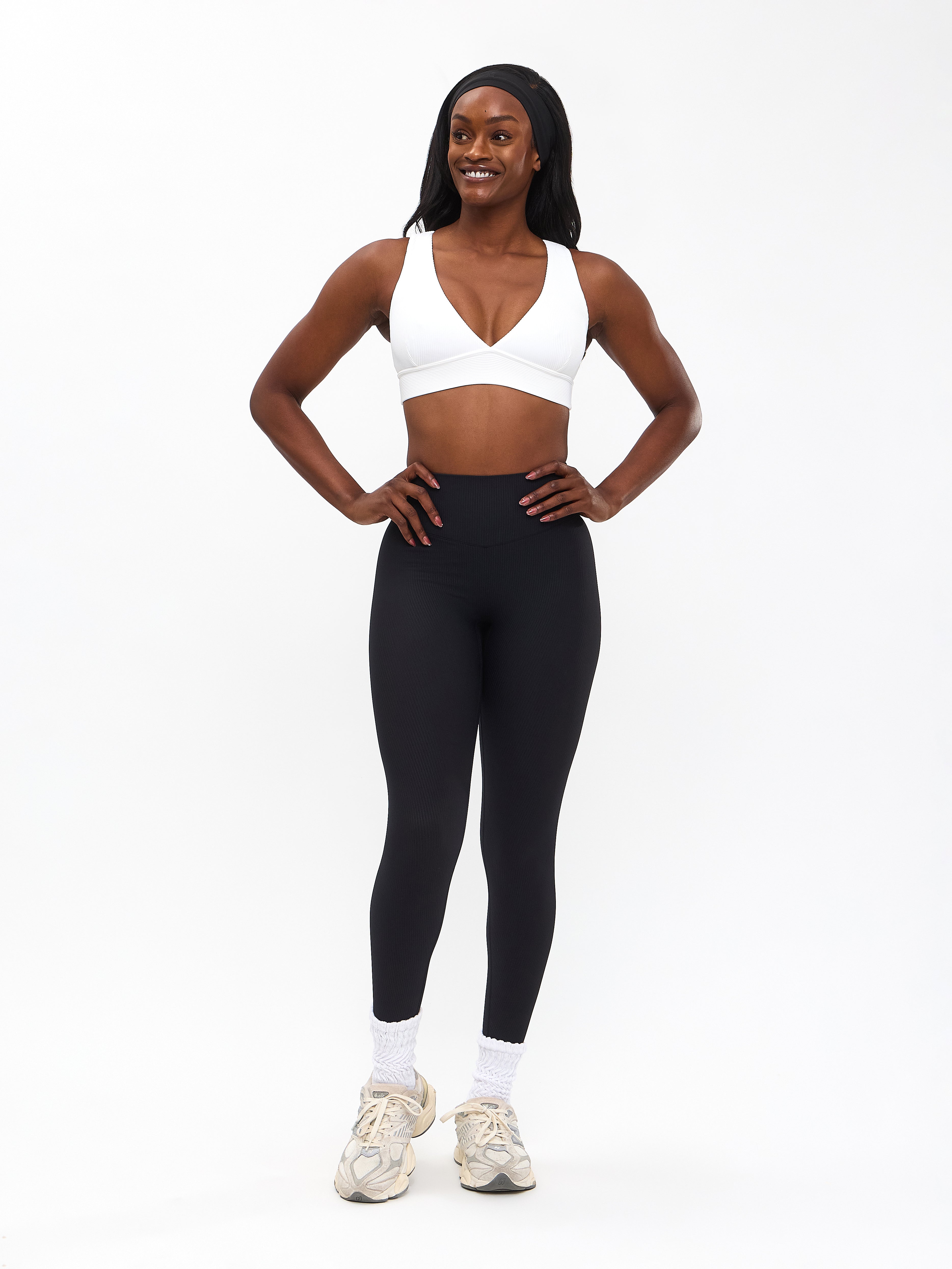 Ribbed Deep V Sports Bra - White