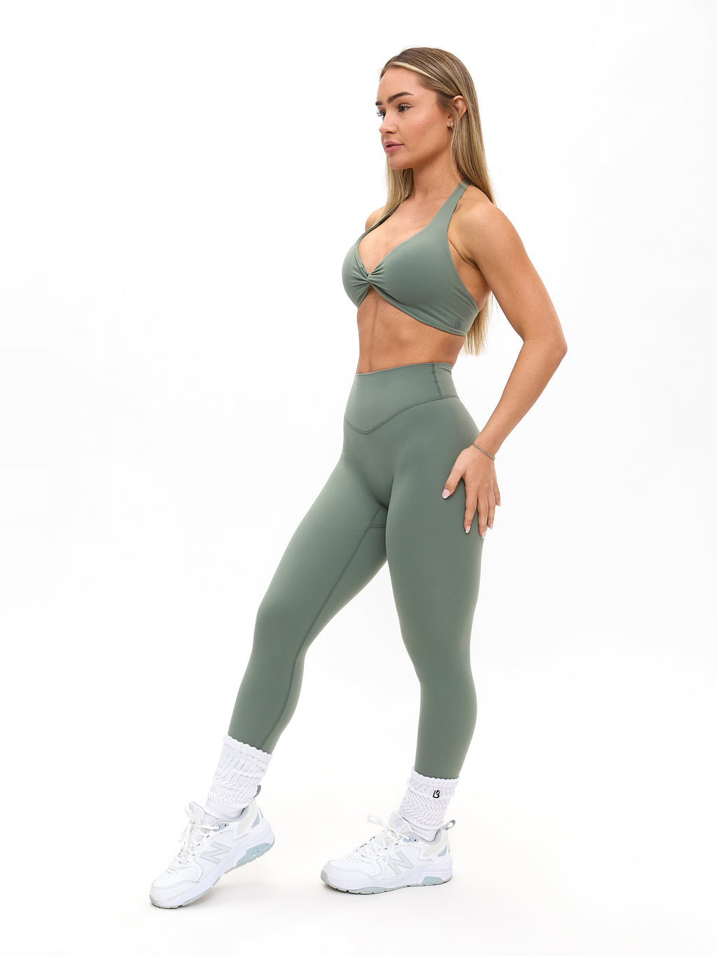 Poshknit Twist Halter Sports Bra - Matcha Latte